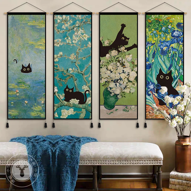 Funny Black Cat in Famous Paintings Tapestry Wall Hanging - Room Decor Aesthetic with Rod for Living Room Bedroom Wall Decor - Image 3