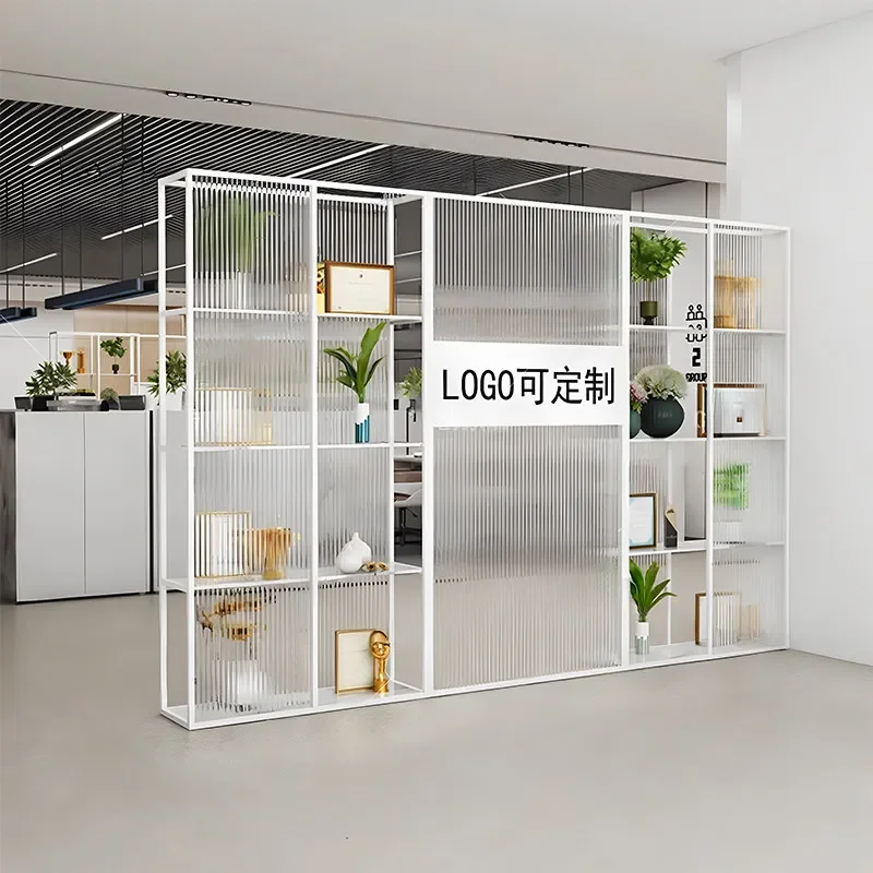 Office glass partition company entrance front desk shelf entrance logo image wall office area screen