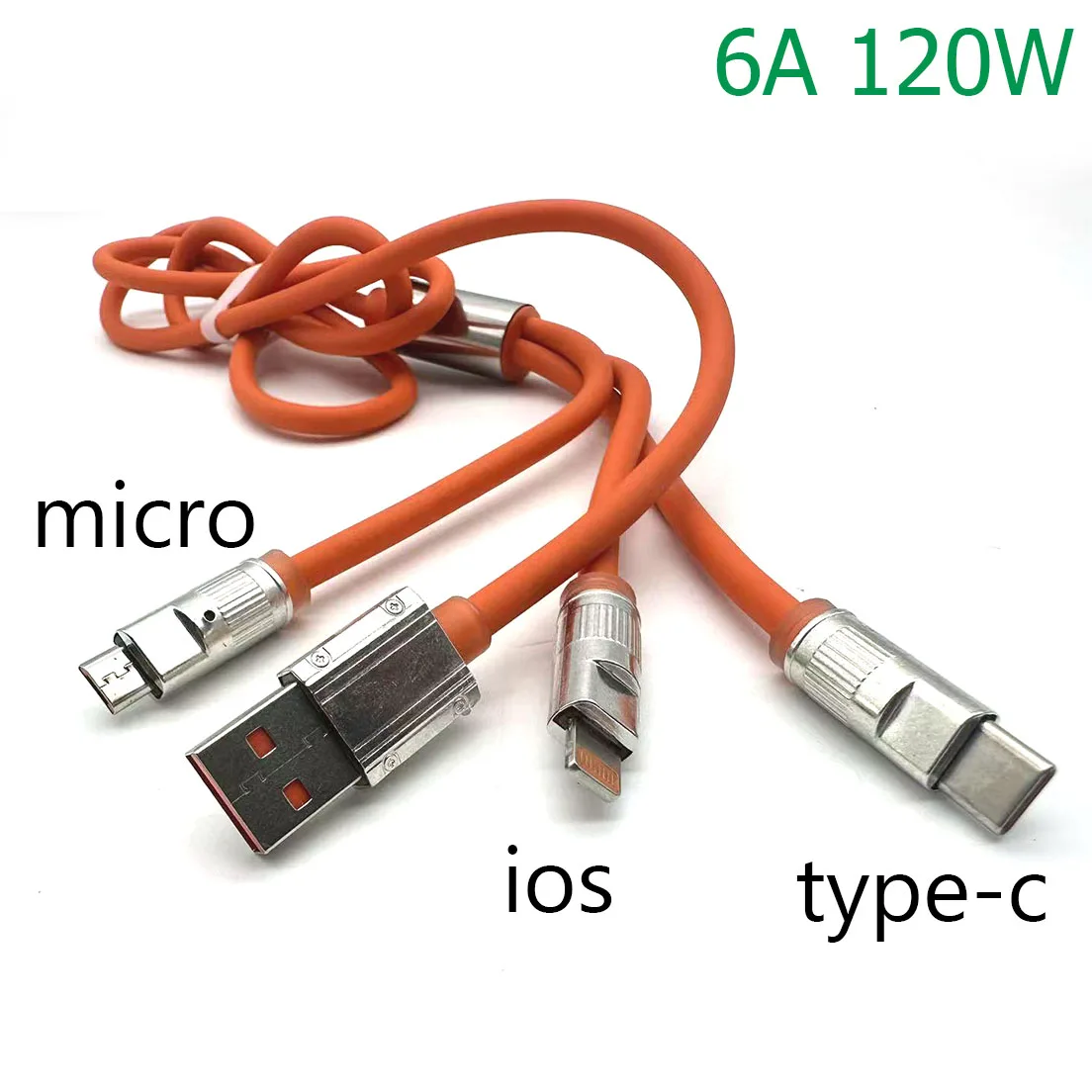 

6A 120W 3 in 1 Fast Charging Cable For iPhone 15 Pro Max Samsung Xiaomi Huawei Silicone Type