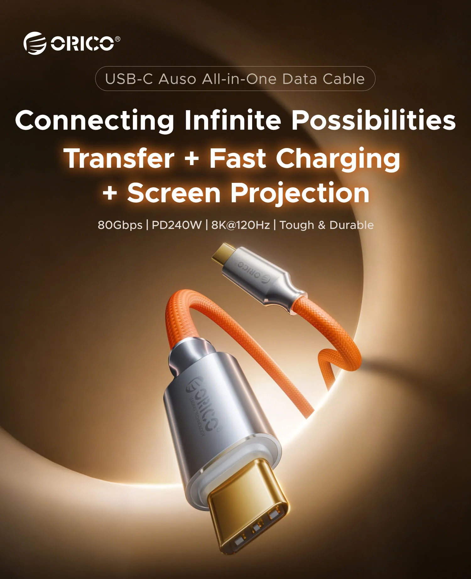 ORICO CC80 USB C to C Cable 80Gbps PD240W Fast Charging 8K@120Hz Video Output Braided E-Marker Chip Thunderbolt 5/4/3 USB4 Data