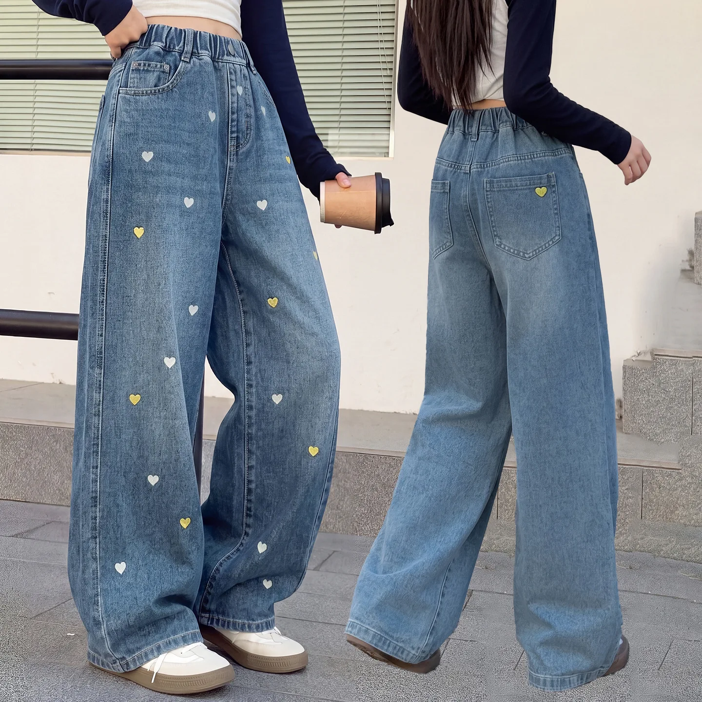 Autumn Teenager Girls Wide-leg Jeans 4 6 8 10 12 -14 Junior Printed love-shaped Straight Leg Pants Children Trousers Clothes