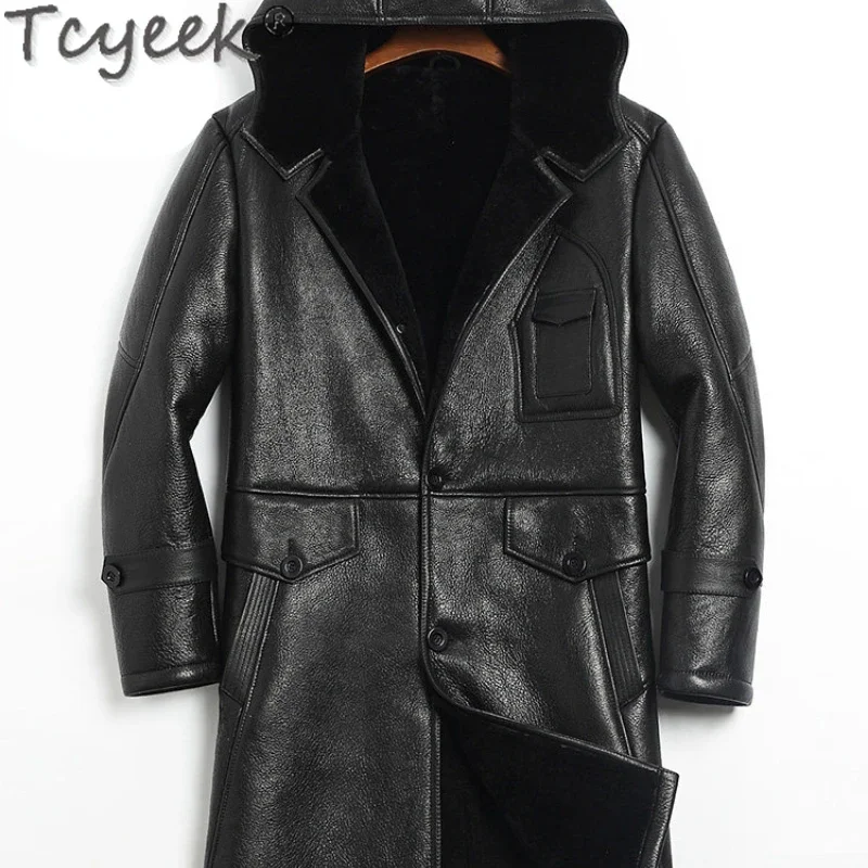 Tcyeek Mid-length Natural Sheepskin Jacket Men Clothing Thickened Slim Men's Lamb Wool Jackets Fashion Black Real Fur Coat Male