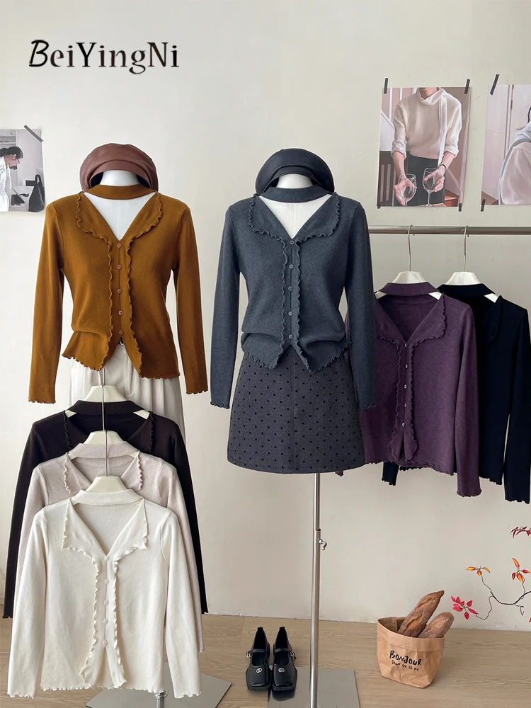 

Beiyingni French Sexy Elegant Women Sweaters Edible Tree Fungus Halter Long Sleeve Knitted Tops Lady Solid Color Basic Pullovers