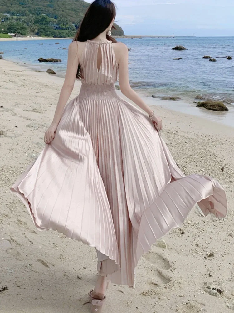 2025年新作 レディース バケーションワンピース セクシー オフショルダー スリムウエスト カジュアル エレガント ビーチ プリーツ ロングワンピース
