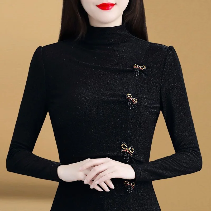 

Fashionable High-end Chic New Style for Autumn and Winter Long-sleeved Women's Half-turtleneck Base Shirt