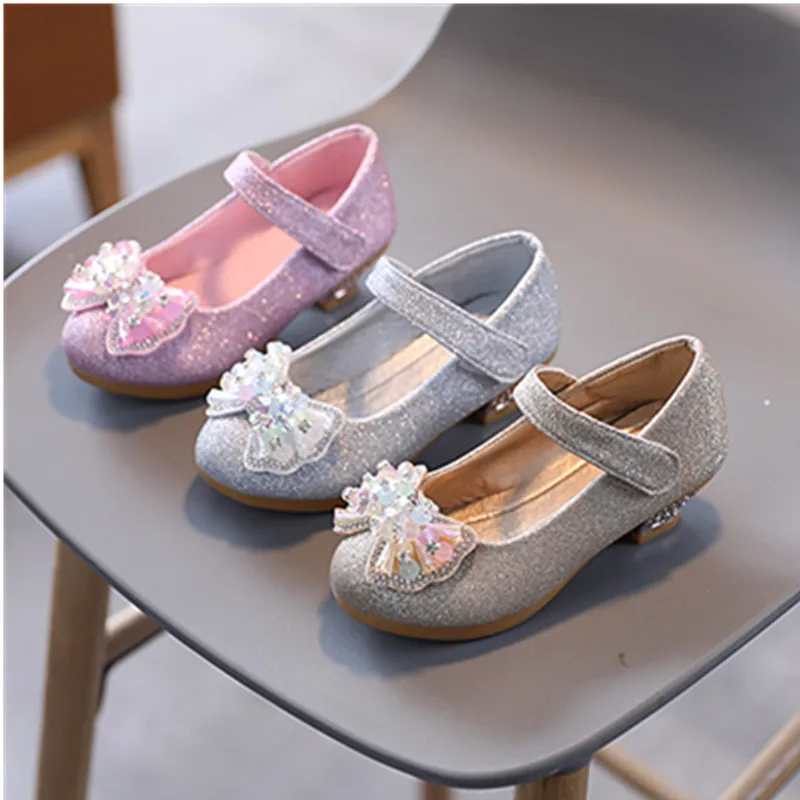 Children High Heels Versatile Girls Princess Leather Shoes for Wedding Party Fashion Causal Kids Dress Shoes Rhinestone Bowtie