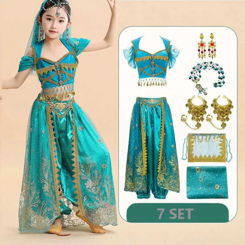   Kids India Princess Belly Dance Set Oriental Indian Dance Sari Girl Performance Costume Bollywood Children Stage Outfit