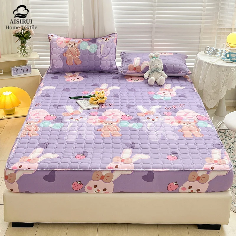 Cartoon Rabbit Elastic Fitted Sheet Couple Bed Thick Quilted Mattress Cover Bedspreads for Double Bed Sheet Linen 90 150 180*200