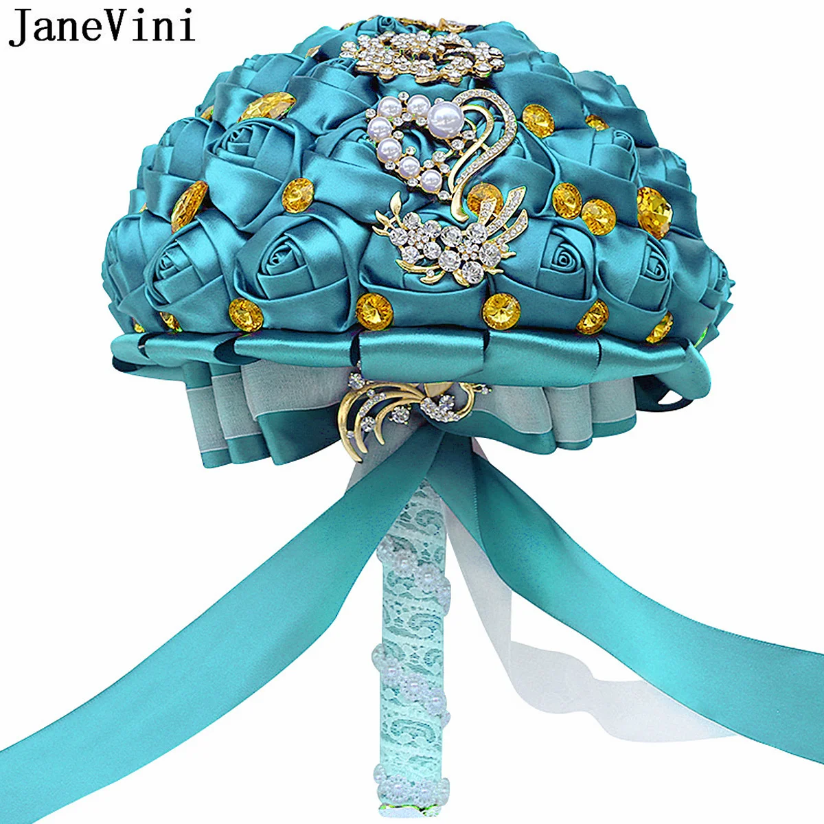 

JaneVini Pearls Burgundy White Flowers for Bride Peacock Blue Gold Crystal Beaded Ribbon Wedding Bouquets Bridal Rose Bruiloft