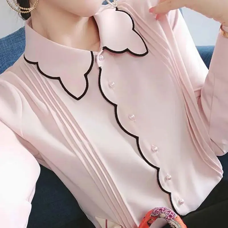 Chiffon Shirt Women's Autumn Winter New Thin Long Sleeve Fashion Loose Polo Collar Solid Single Breasted Large Office Lady Top