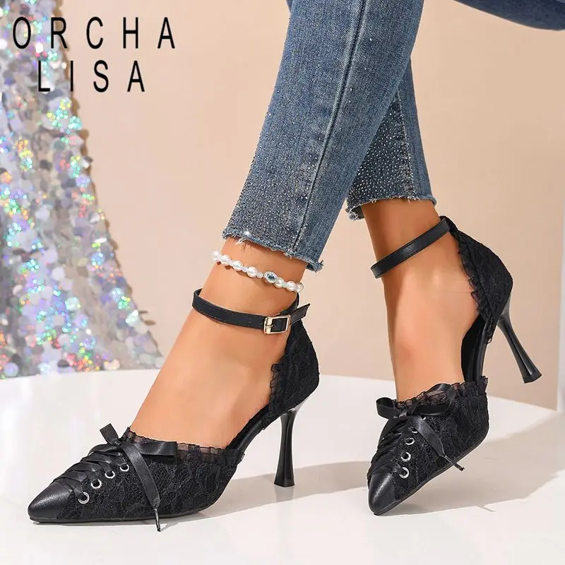 

ORCHA LISA Горячие сексуальные женские босоножки с острым носком, каблуком-шпилькой 8 см, ремешком с пряжкой и бантом, увеличенные размеры 43, 44, 45, для свиданий