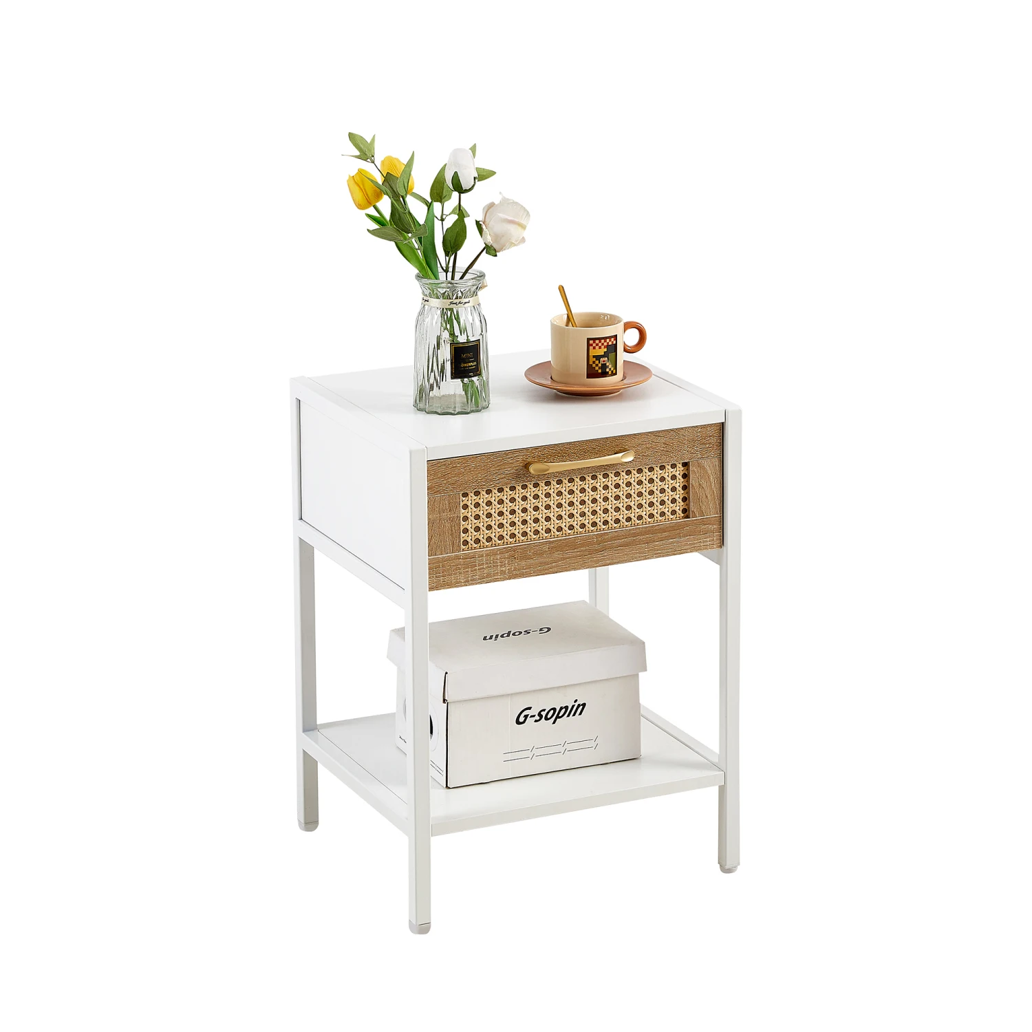 

Rattan End Table with Drawer, Modern Nightstand, Metal Legs, Side Table - White - Living Room, Bedroom - 15.74"