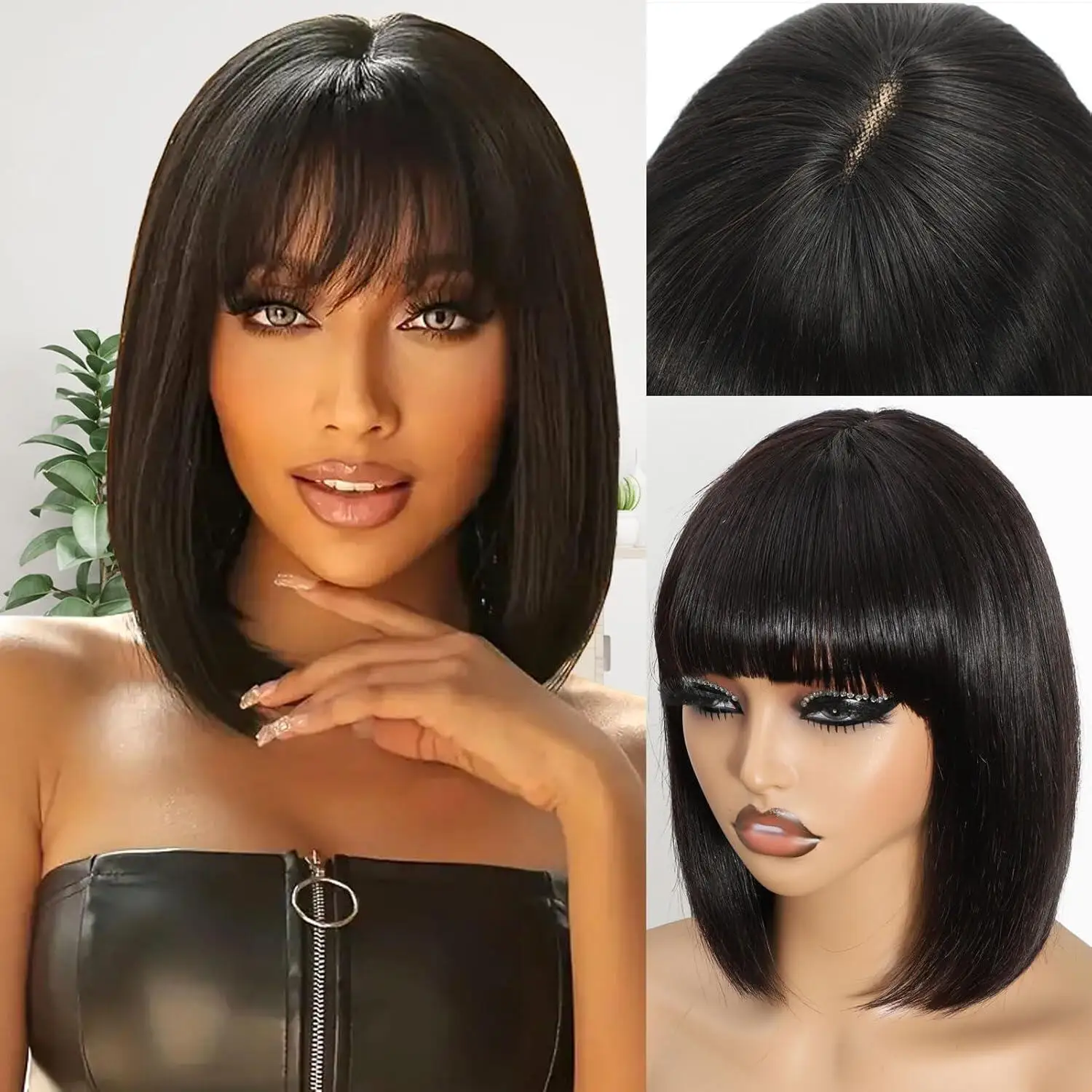 2x1 Straight Bob Lace Closure Wigs with Bangs For Women Brazilian Hair Short Straight Wig With Realistic Scalp On Top 8-14 Inch image 2