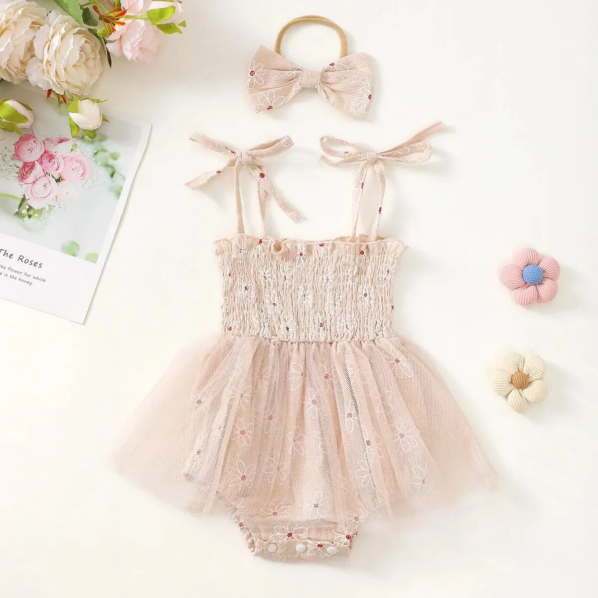 2PCS Summer Baby Girl Little Ruched Chrysanthemum Mesh Dress Princess Dress with Bow Headpiece