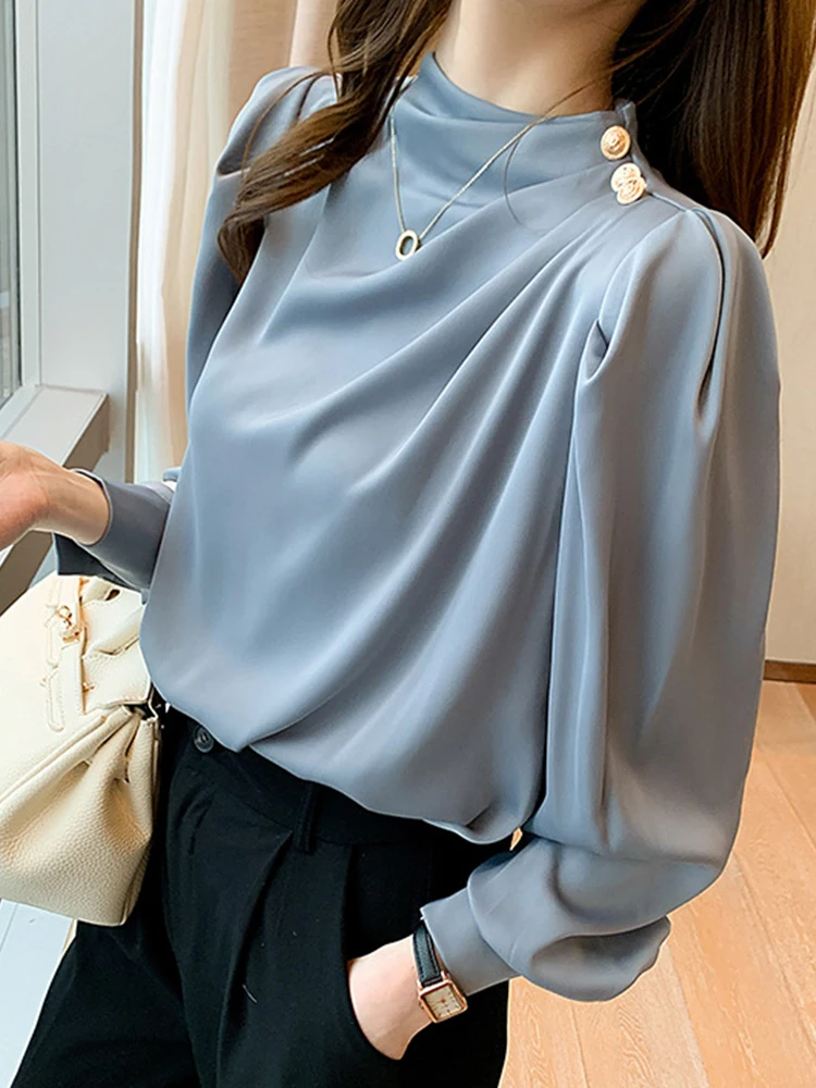 Spring Autumn Elegant Office Women Shirt Mujer Chic Satin Formal Lantern Sleeve Blouse Tops Loose Pullover Jumper Street Clothes