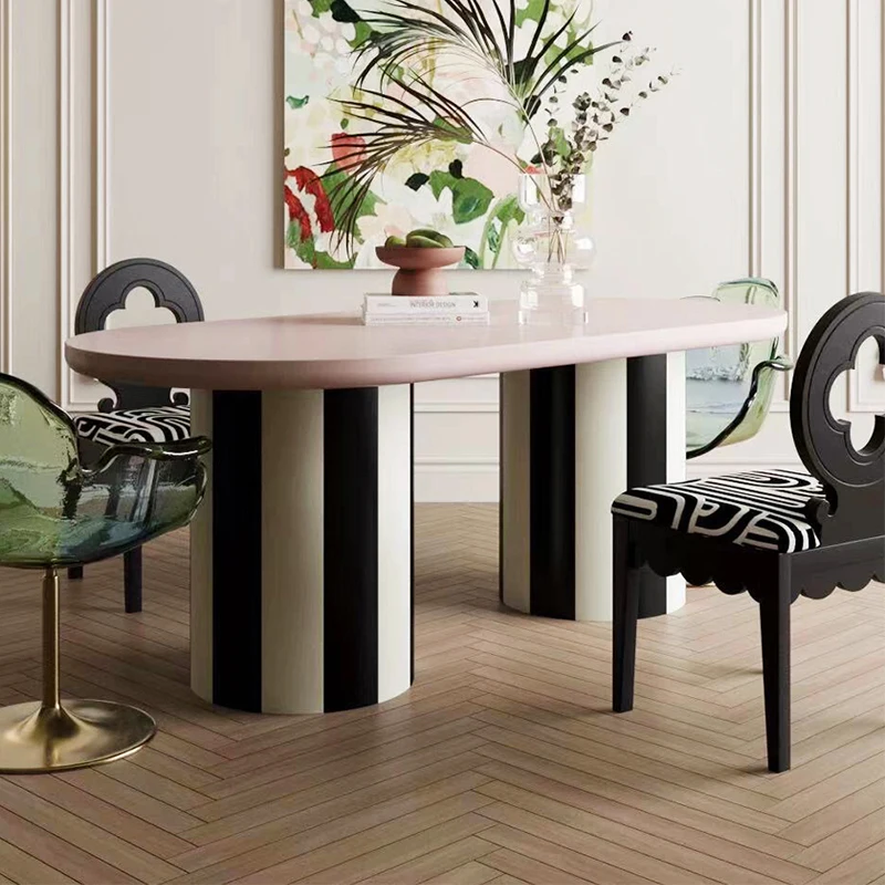 un-French Mid-Century Modern Cream Dining Table Simple Designer Creative Reception Table Oval Solid Wood Long Pink Table-