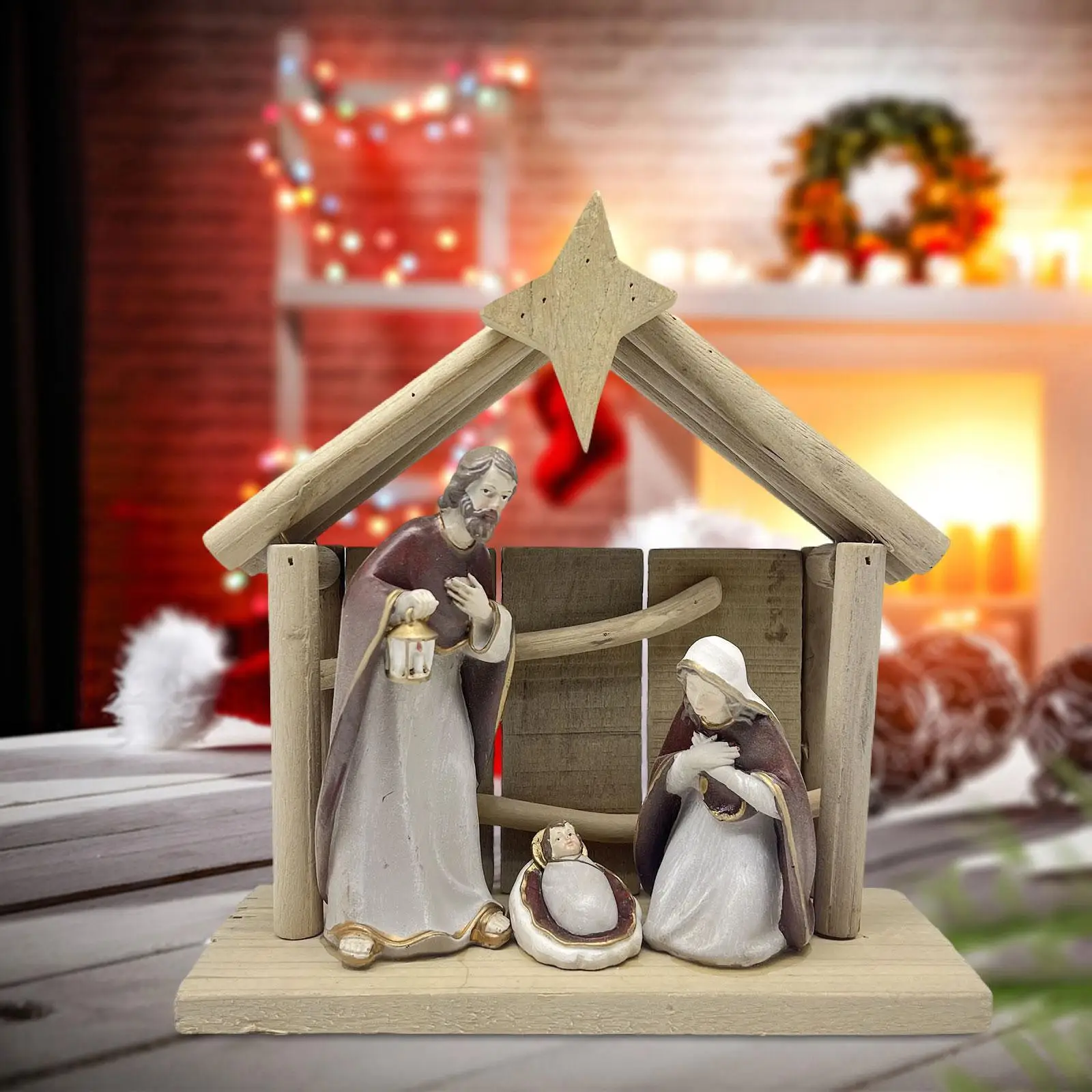 Christmas Manger Nativity Religious Figurine Decorative Craft Holy Family Figurine for Shelf Home Cabinets Indoor Decoration