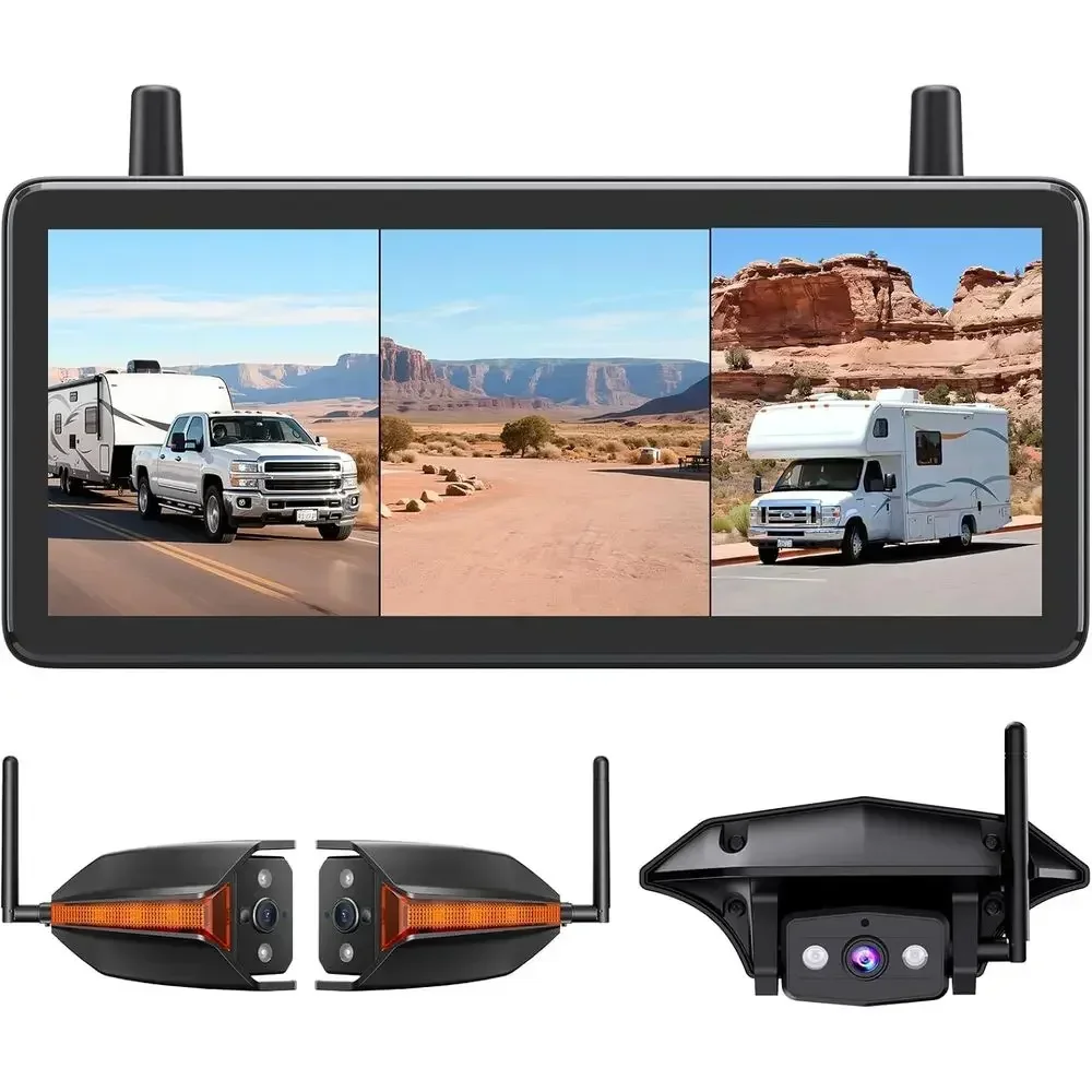 RV Backup Camera Wireless System: Rear & Side Cameras with 7.2” HD 3 Split-Screen Recording Monitor, IP69 Waterproof, Strong & S