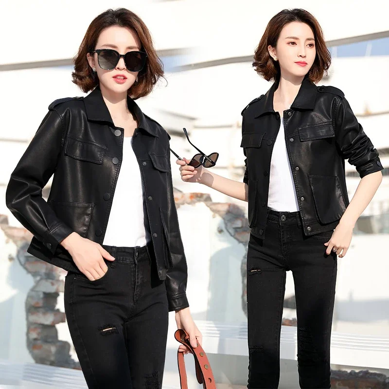 Spring Button Up Long Sleeve Girls Black Motorcycle PU Leather Slim Fit Red Jacket Women Short Loose Leather Jacket Oversize XXL