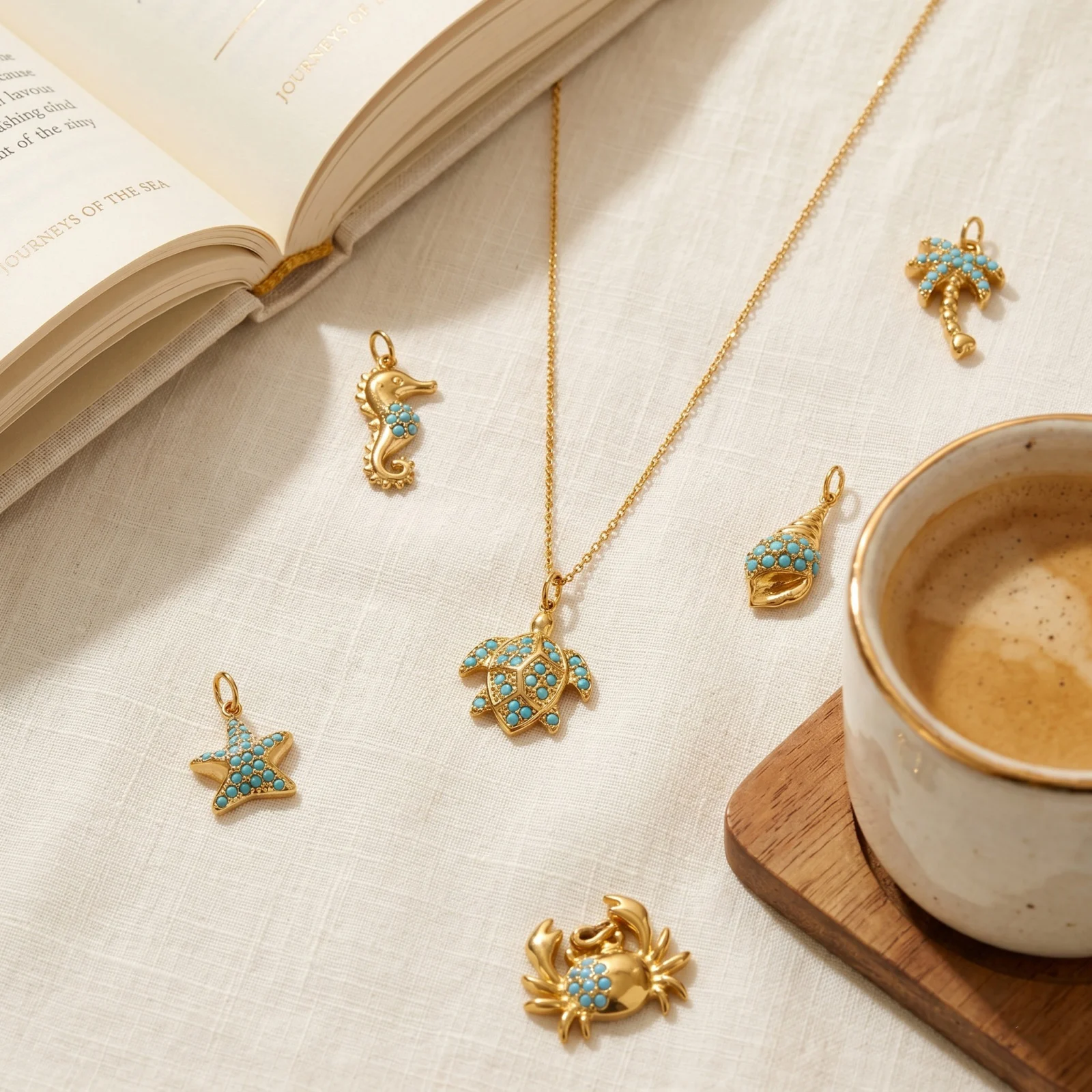 2pcs Mini Ocean Fish Turtle Crab Animal Charms Blue Rhinestone 18K Gold Plated Stainless Steel Pendants For Women DIY Jewelry view 5
