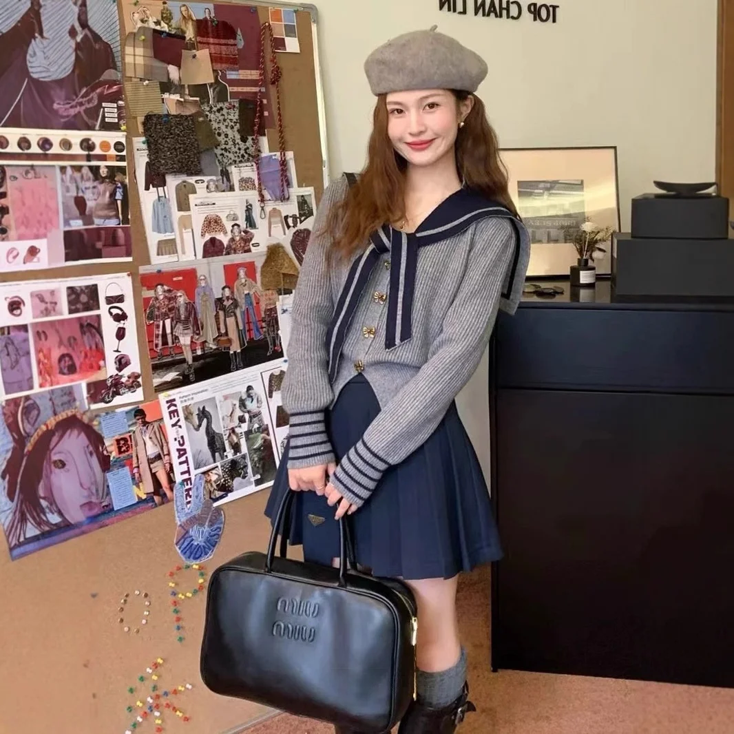 Ele Preppy Sle Strickjacke mit Sa und Bule Navy Collar Thiened Herbstpullover für Damen