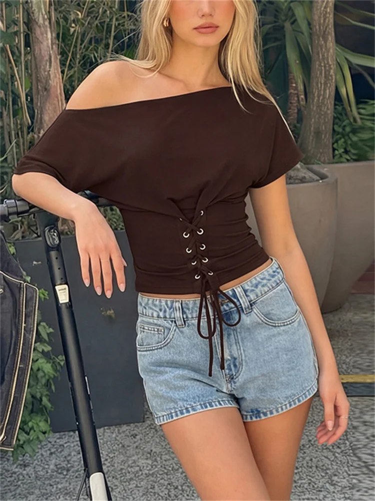 

Tossy Casual Backless Lace-Up Tees Vest Women's Patchwork Short Sleeve Commute Fashion Cropped Y2k Top Female Summer T-shirt New