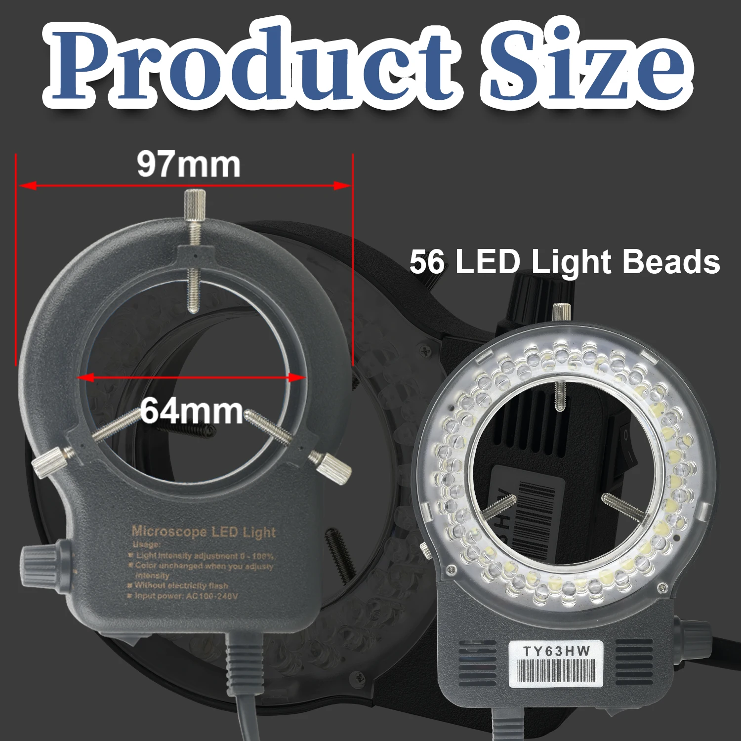 KOPPACE Microscope LED Ring Light Source 64mm Installation Size 56 Lamp Beads Adjustable Brightness