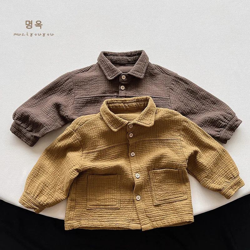 Kids Cardigan Coat Cotton Long Sleeve Solid Color Shirt Korean Japan Style Spring Autumn Baby Girls Boys Casual Loose Shirt