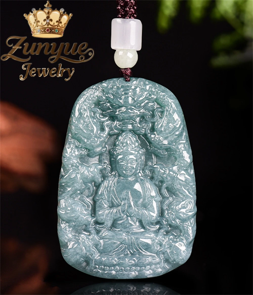 

High-End Natural A-Grade Jadeite Blue Water Nine Dragons Guanyin Dragon Pendant, Ice-Type Jade Pendant, Safety Jade Pendant