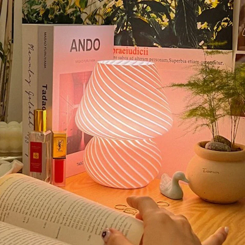 Home Glass Bedside Lamp Vintage Striped Small Mushroom Room Decoration Night light Atmosphere Desk Lamp Bedroom Table LED Lights