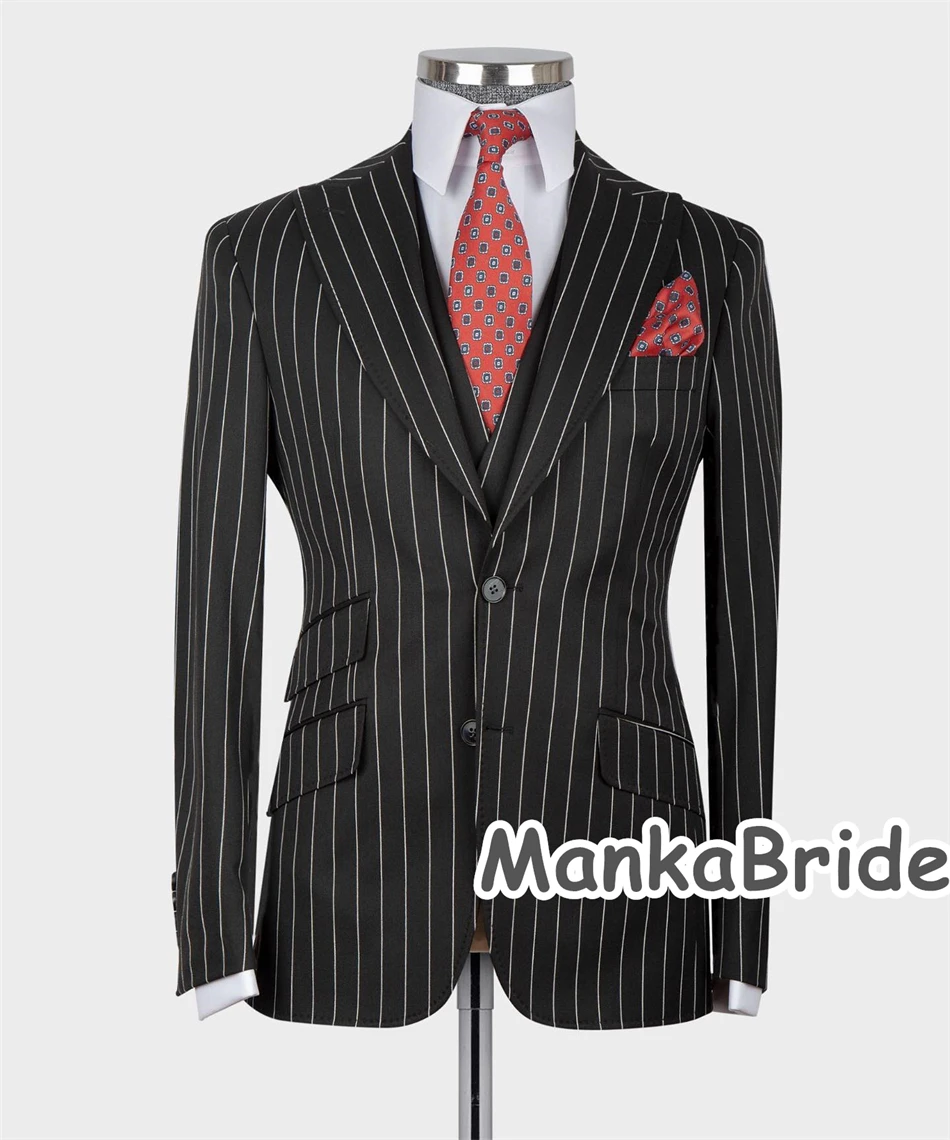 Classic Striped Men's Suits 3PCS Blazer Vest Pants Wedding Groom Tuxedo Customized Formal Business Wear Prom Party Suit