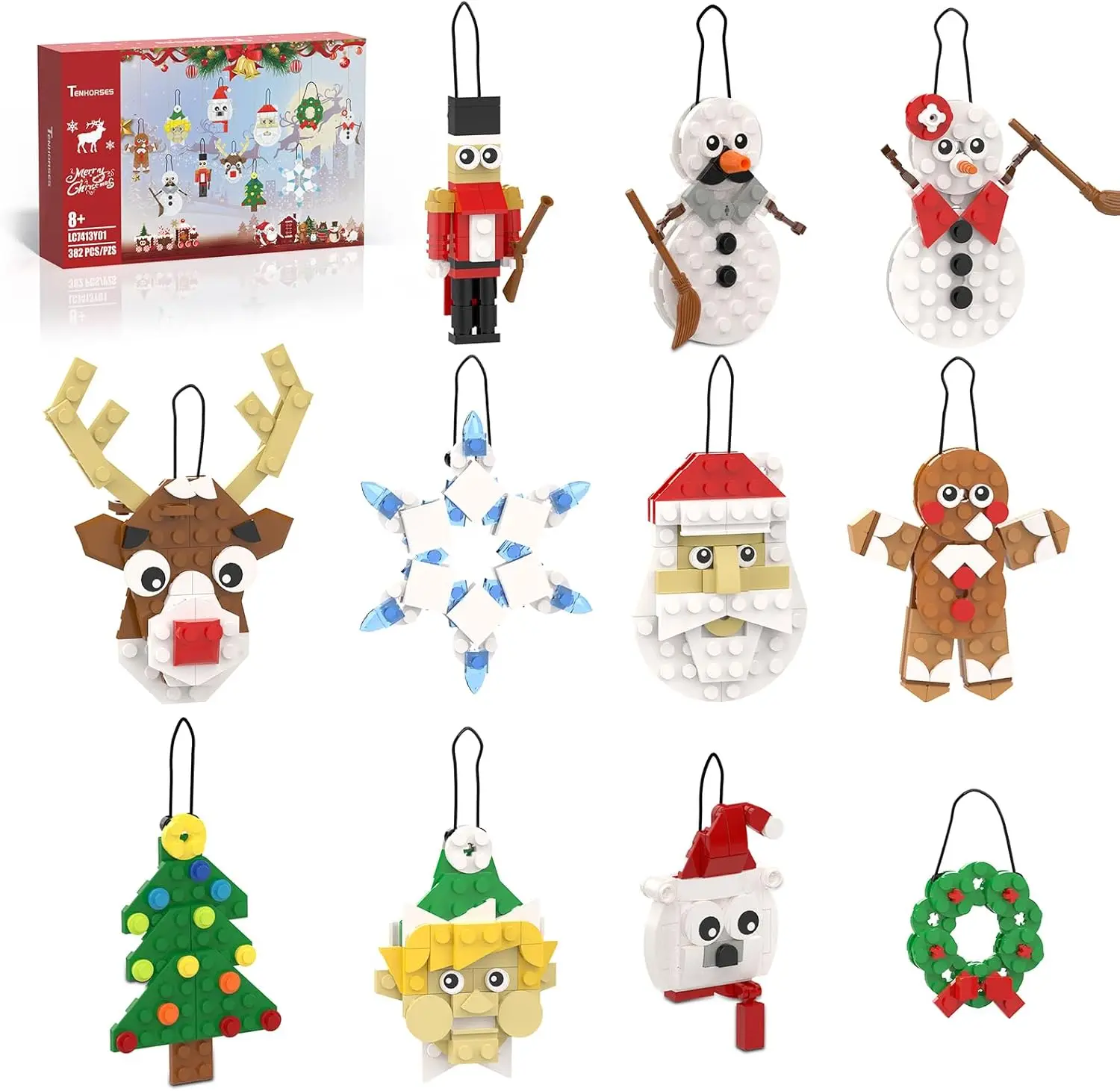 Christmas Tree Ornament 11-in-1 Building Sets, Wreath, Santa, Snowman, Nutcracker, Polar Bear, Gingerbread, Reindeer, Snowflake,