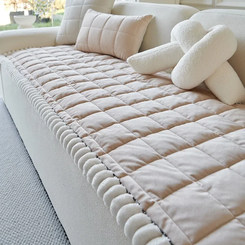 Solid Crystal Velvet Plaid Sofa Cushion Premium Thick Anti Slip Sofa Cover for All Seasons Simple Super Soft Home Accessories