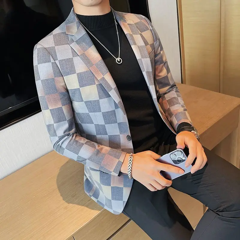 4-G11  Men's Plaid Suit Casual High-end Slim Korean Style Trendy Suit Top Business Fn Autumn Jacket