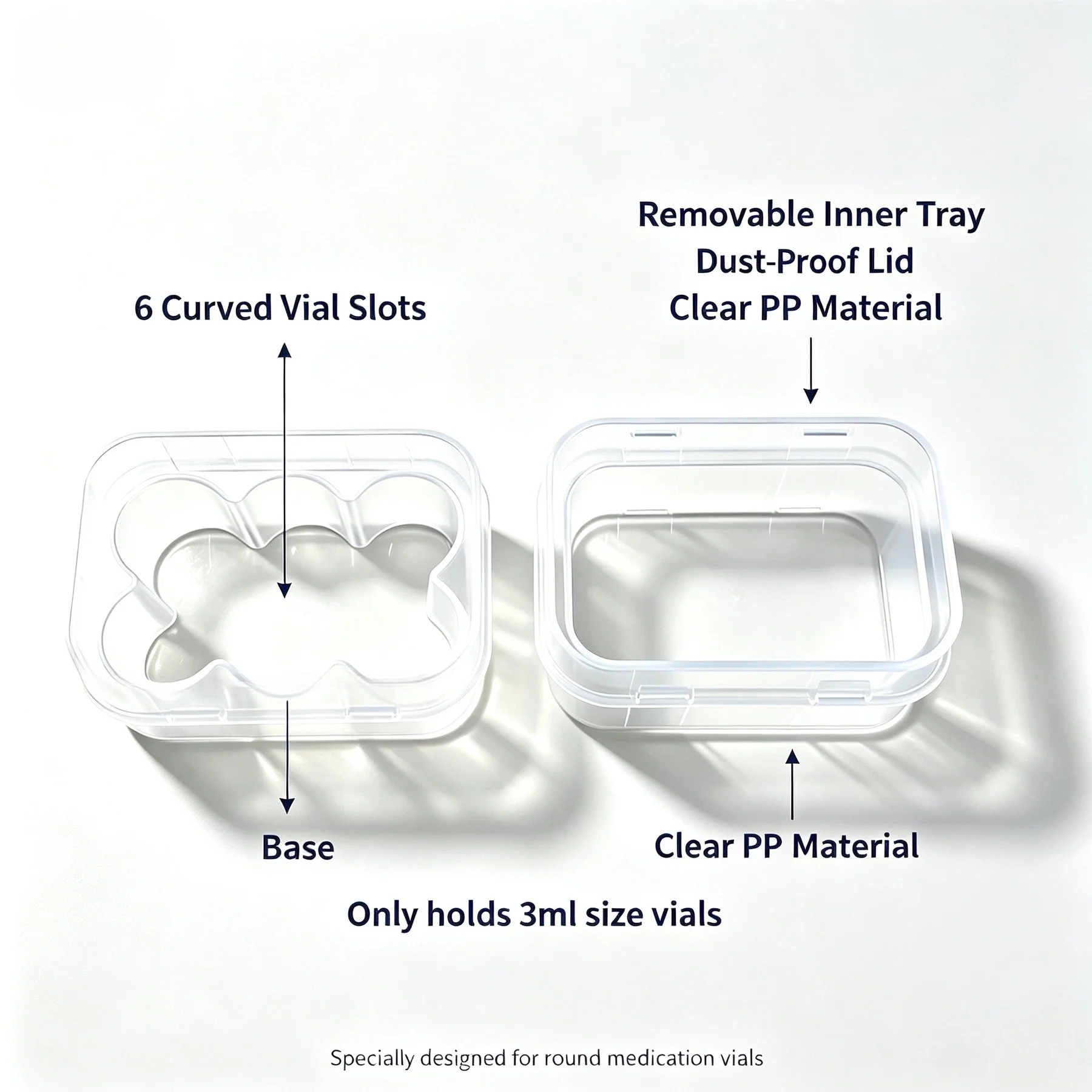 15/10/5 Packungen 6-Fach Klare Kunststoff-Aufbewahrungsbox Staubdichter Organizer für 3ml Peptid-Injektionsfläschchen Transparent Medica – Detail 3