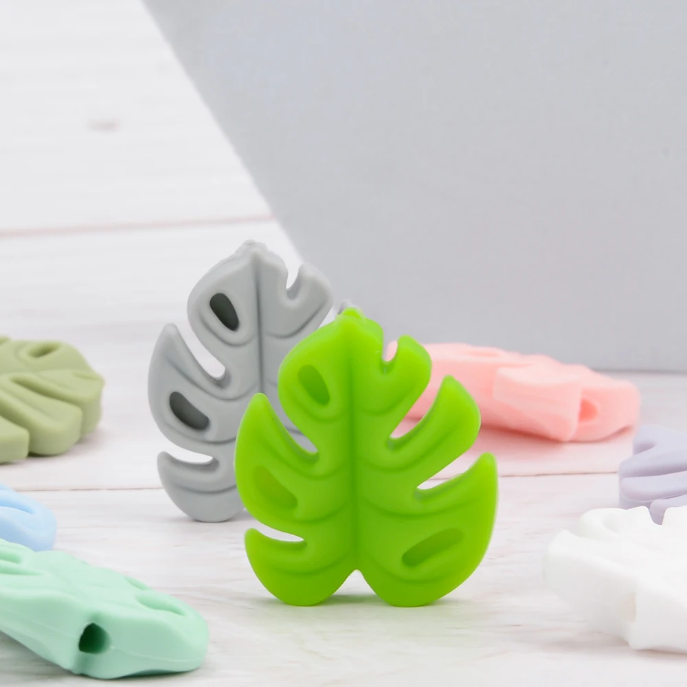 LOFCA 30pcs Silicone Monstera Beads Cartoon Leaf BPA Free Silicone Teether Baby Accessories Toys DIY Necklace Pacifier Chain
