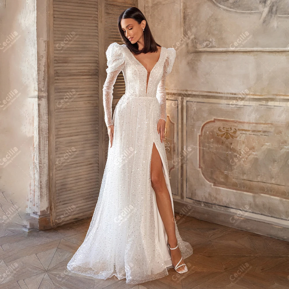 Charming Wedding Dresses Glitter Bridal Gowns Beading Appliques Full Sleeves Robes Deep V Neck Customized Vestidos De Novia 2025