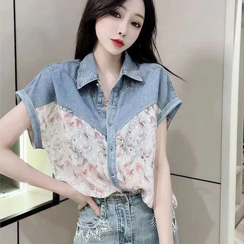 

Fashion Lapel Printed Spliced Short Sleeve Floral Shirts Women's Clothing 2024 Spring New Loose All-match Tops Casual Blouses