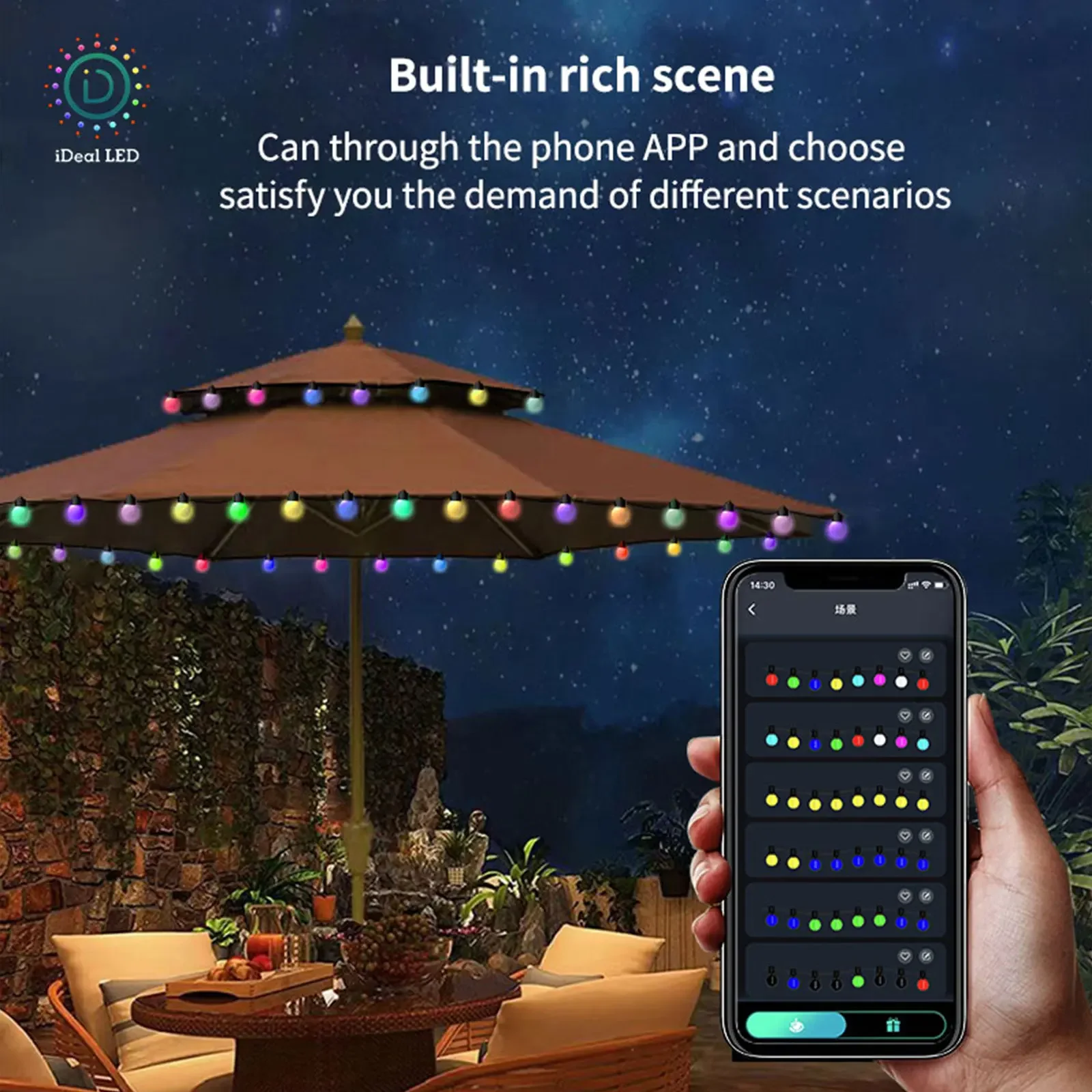 LED inteligente jardim ao ar livre String Lights, luz redonda, impermeável, música Sync App, controle remoto, Holiday Ball, USB, cena DIY, WS2812, 5V