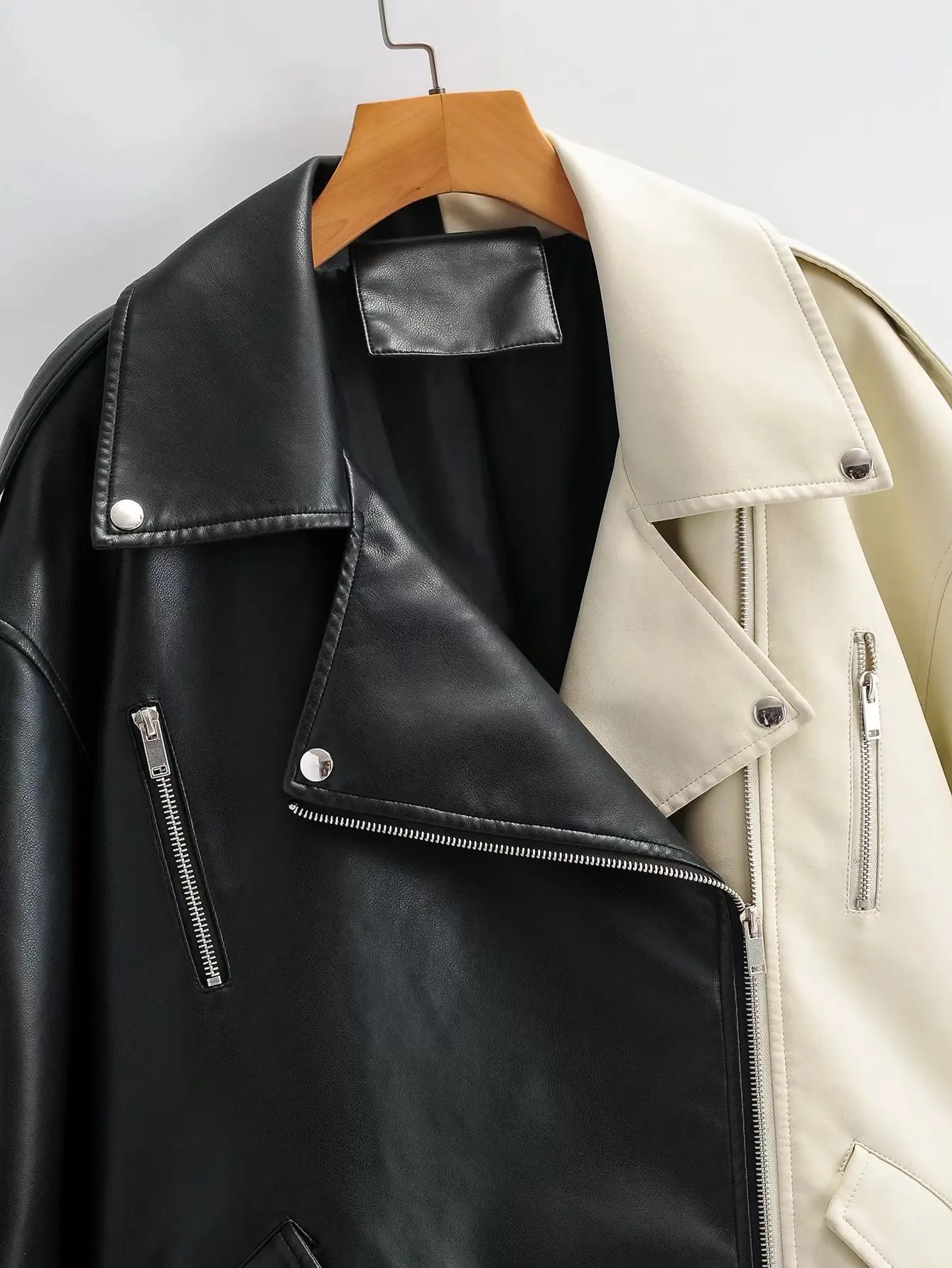 Contrast color Brand New Autumn Women Faux Leather Jacket Casual Loose Soft Pu Motorcycle Punk Leather Coat Female Outerwear