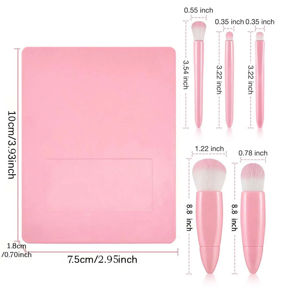 5pcs Portable Makeup Brush Set Square Cosmetic Brushes Storage Case With Mirror Soft And Fluffy Beauty Tools Pink Rose Pattern