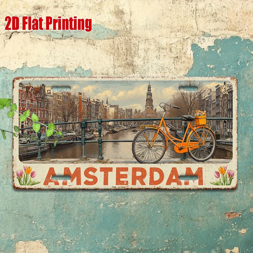 2D Flat, Vintage Amsterdam Metal Wall Sign - Dutch Canal House & Bicycle Scene - 11 (8.0inch) or 5 (9.0inch) reference - Rustic