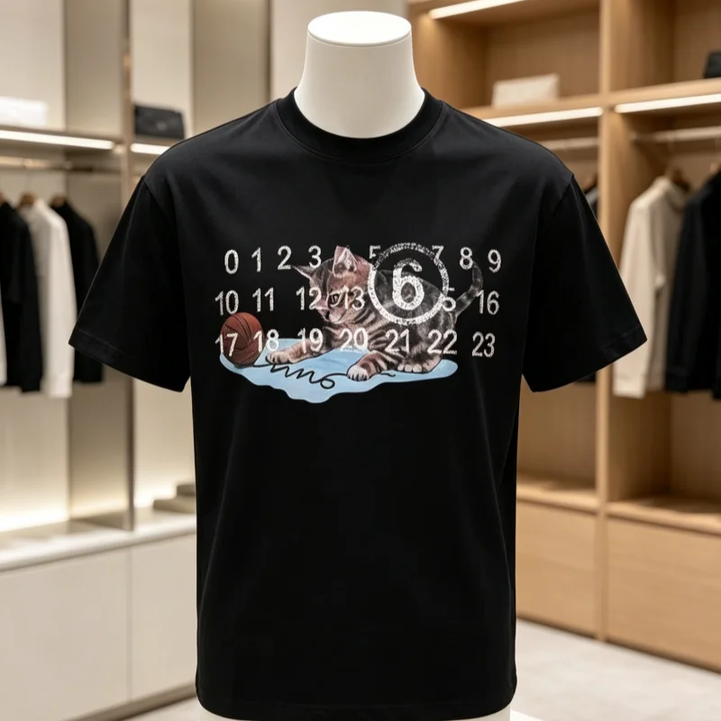 AutumnWinterNew Fashionable Kitten Calendar Printed T-shirt Loose, Comfortable, Fashionable Sports Short Sleeve Men's T-shirt