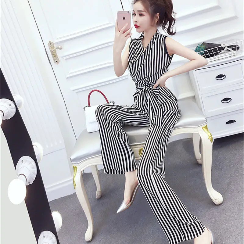 Striped Jumpsuit for Women\'s Summer Fashion Chiffon Sleeveless High Waist Temperament Goddess Style Wide Leg Long Pants Jumpsuit