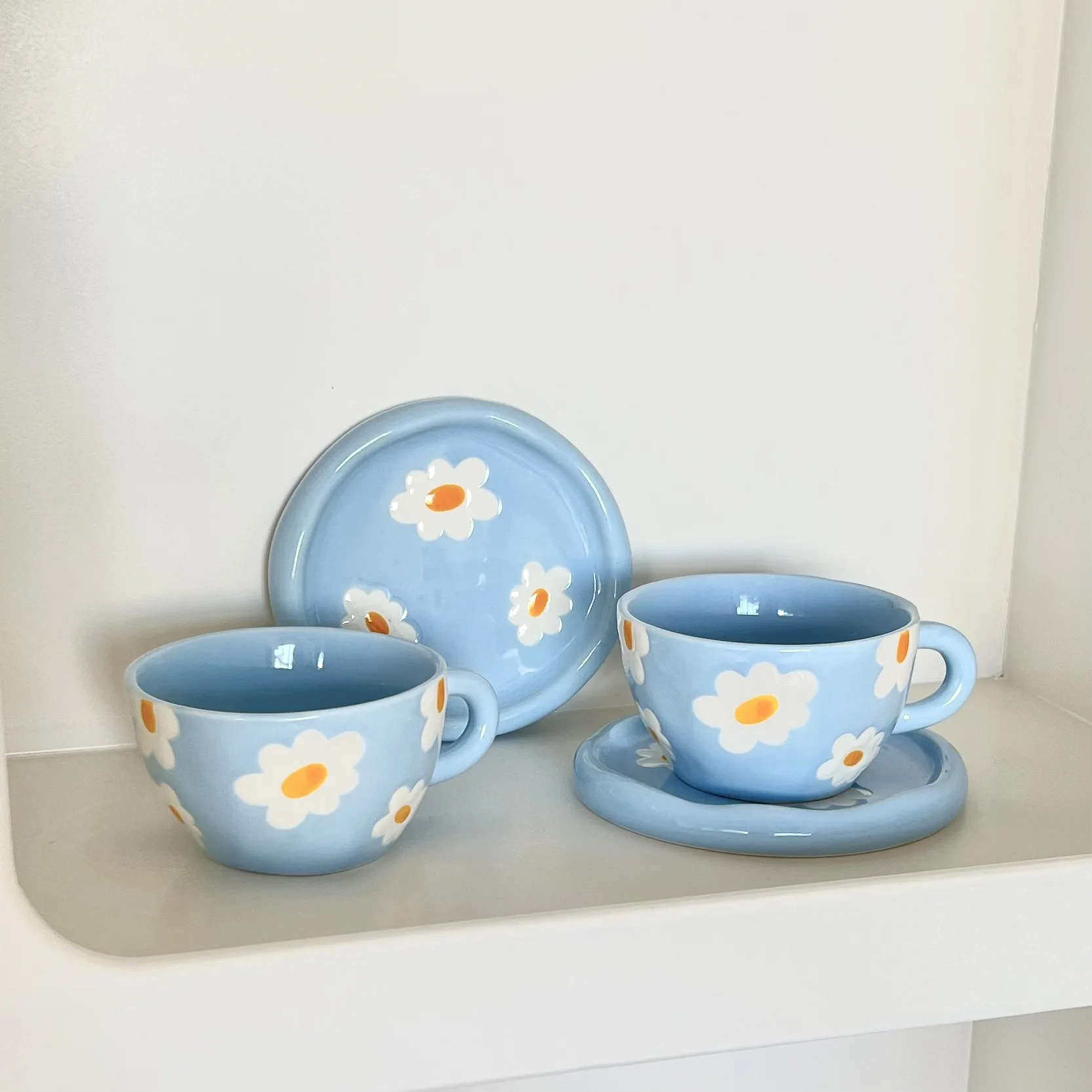 Ins Wind Korea Exports Purple Flower Coffee Cups and Saucers, Handmade Irregular Ceramic Cups, Girls Afternoon Tea Teacups