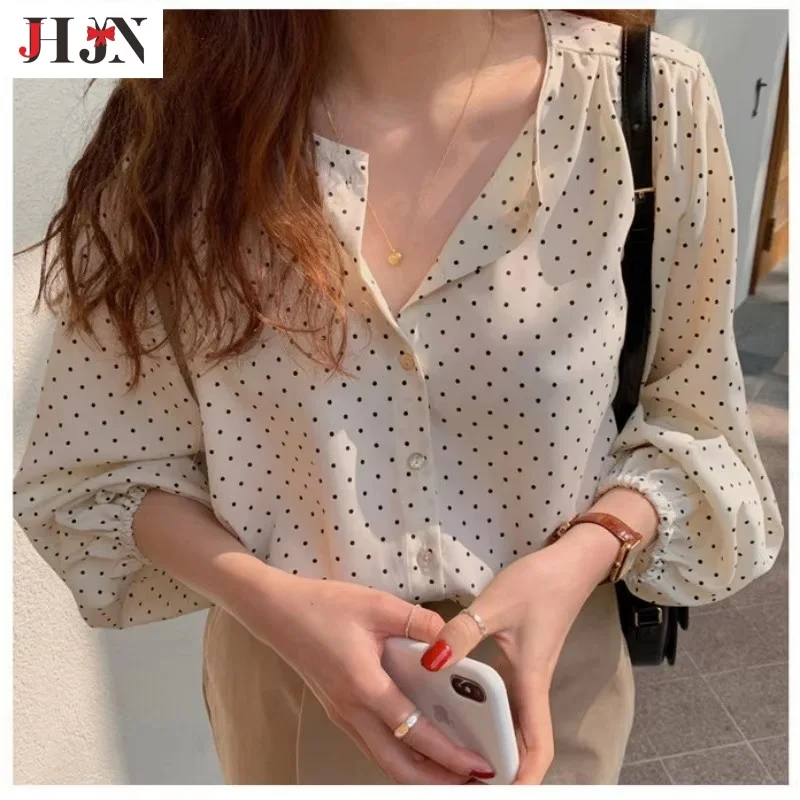 2024 Spring and Autumn New style Salt Lantern Long Sleeve Polka dot Chiffon Shirt Women's Loose Light mature Blouse