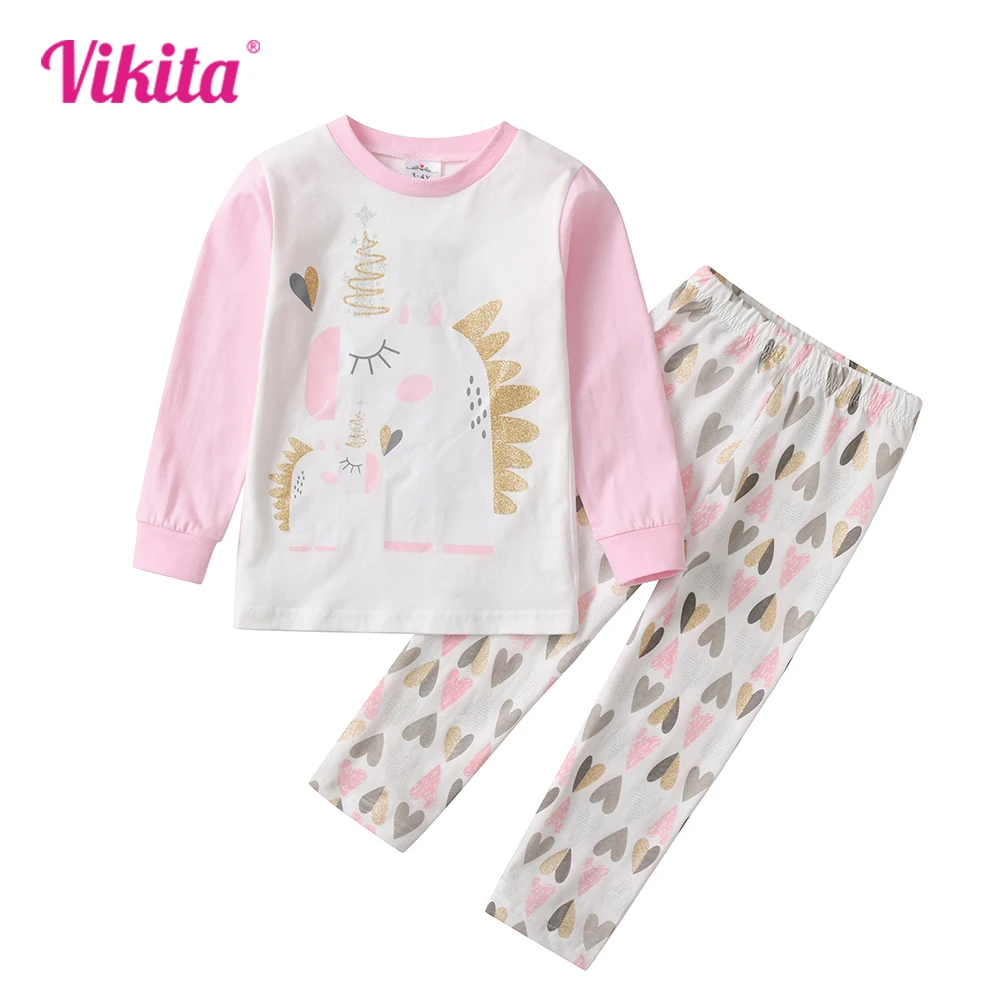 VIKITA Girls Unicorn Pajamas Sets Kids Pijamas Sleepwear Homewear Kids Pyjamas Cotton Spring Autumn Animal Cartoon Sleepwear