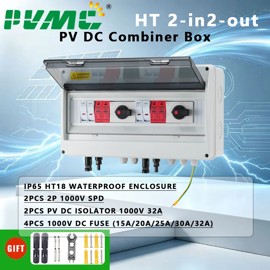 Solar PV Junction Box, DC 1000V, 2 In 2 Out, IP65 Waterproof PV Combiner Box with SPD & Fuse for Solar Panel System