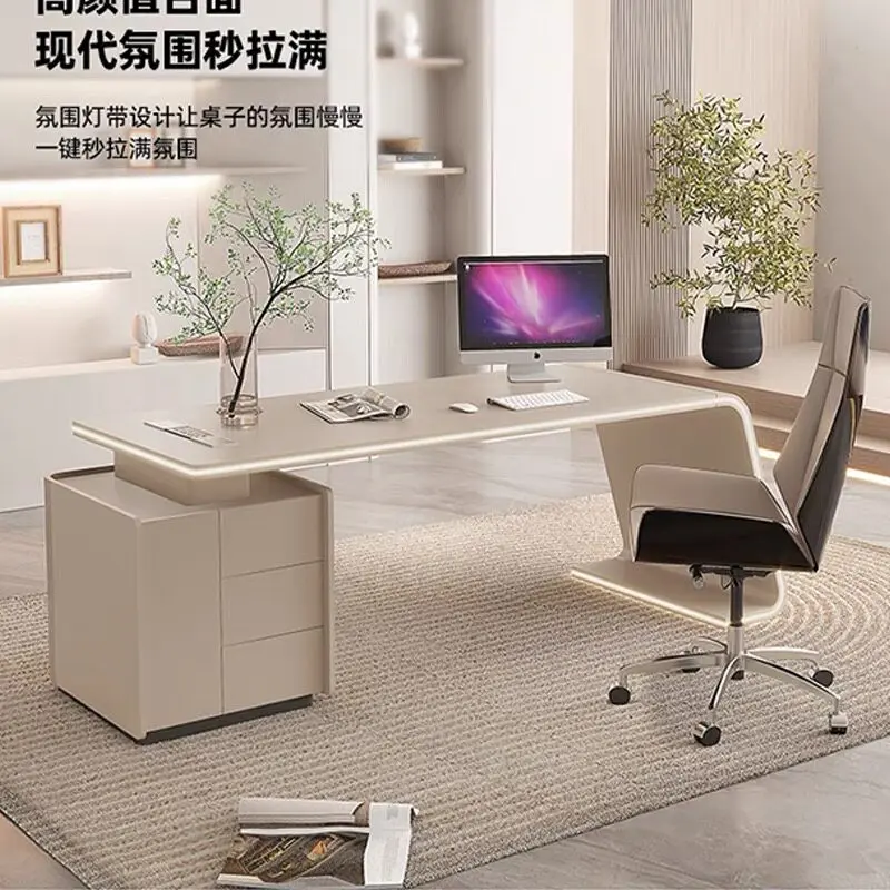 Cream style high-end boss table with light strip supervisor manager table wabi-sabi wind paint desk