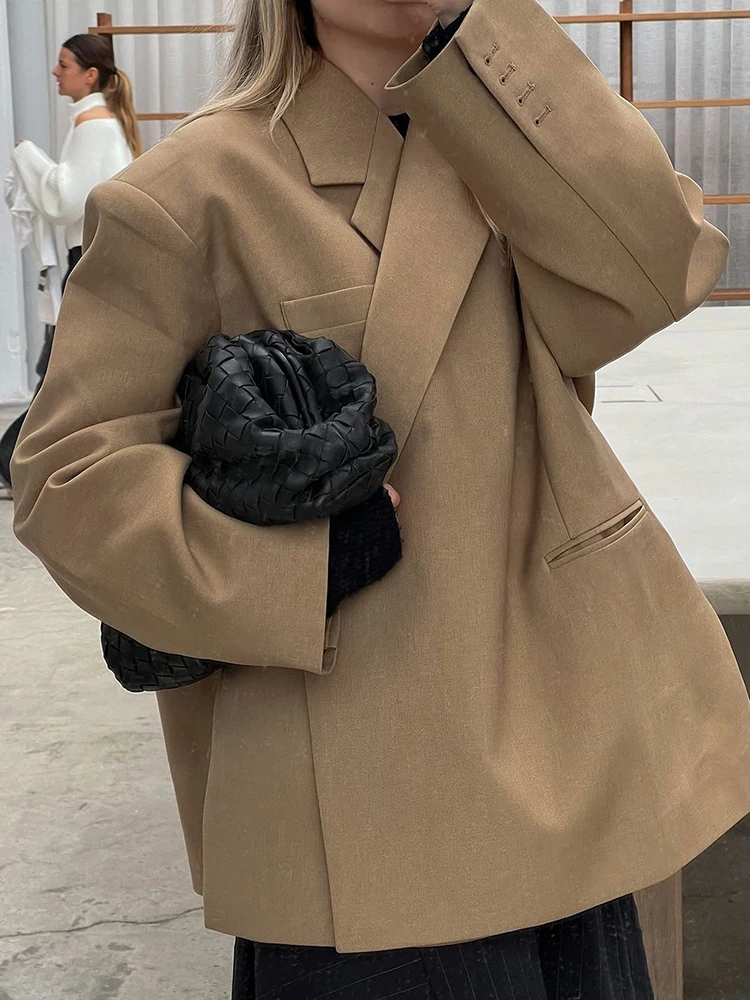 

Elegant Suit Blazer Coat Women Hidden Buckle Notched Collar Split Shoulder Pads Jacket 2024 Autumn Office Lady Oversized Outwear